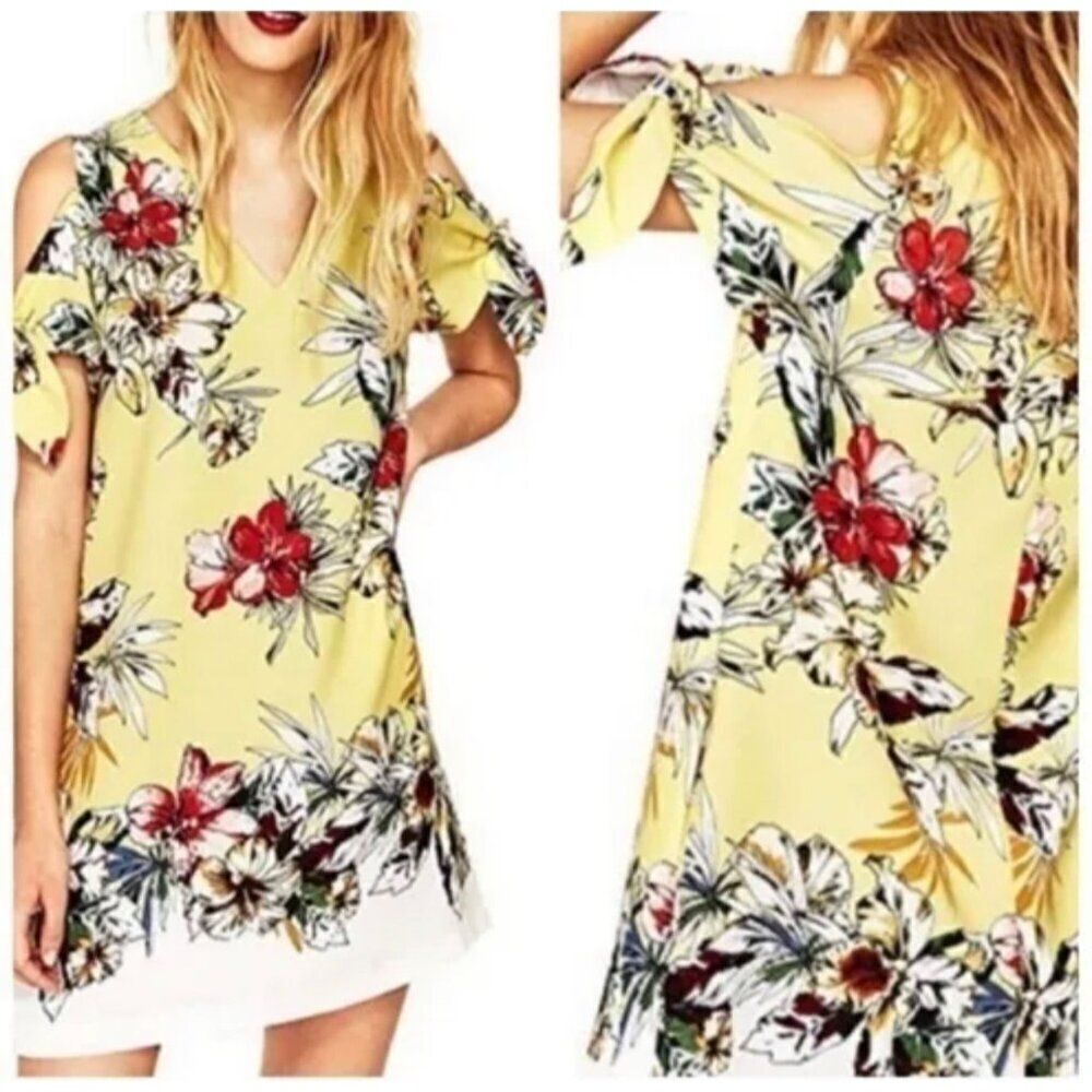 Zara Basic Women Yellow Floral Cold Shoulder A-Line Dress Size M